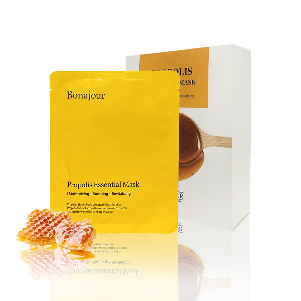 Bonajour] Natural Propolis Facial Moisturizing Sheet Mask (10Sheet) - Strengthening Skin Barrier & Soothing Acne Skin, Revitalizing