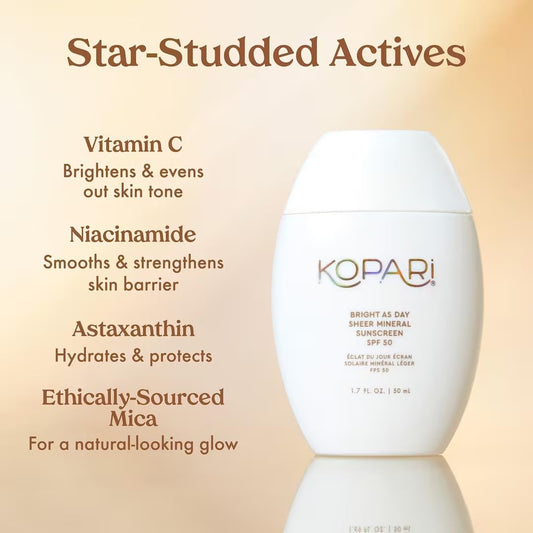 Kopari Bright As Day Sheer Mineral Sunscreen Spf 50, 100% Mineral Facial Sunscreen With Vitamin C & Niacinamide, Sheer Finish, All Skin Tones, 1.7 Oz