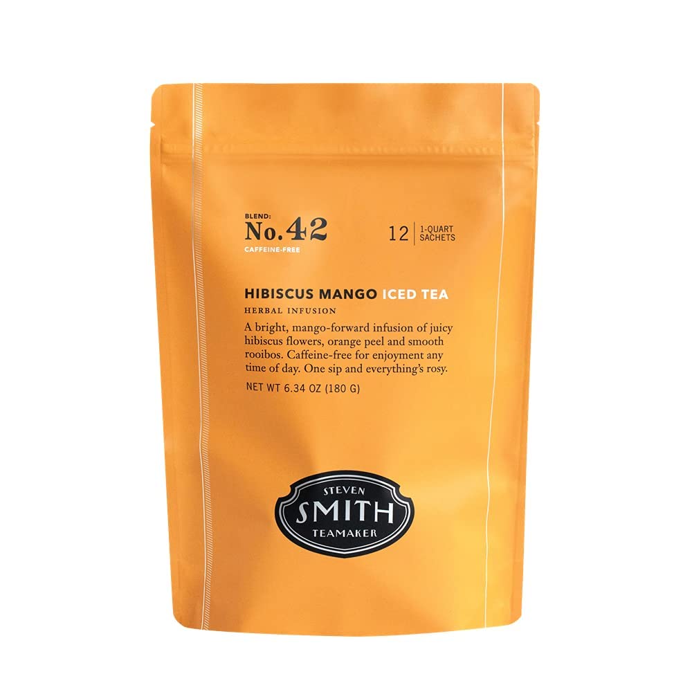 Smith Teamaker Hibiscus Mango Iced Tea No. 42, Refreshing, Caffeine-Free, Sustainably Grown Organic Full Leaf Herbal Iced Tea, 10 Count, 1 Quart Sachets