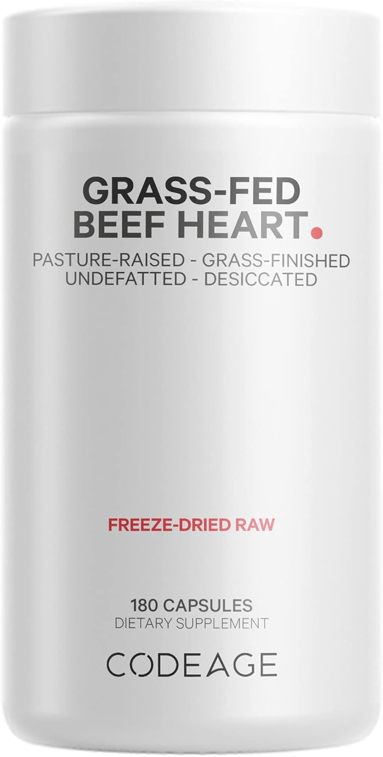 Codeage Grass Fed Beef Heart Supplement - Freeze Dried, Non-Defatted, Desiccated Beef Heart Glandular Supplements - Bovine Meat & Liver Pills –Argentina Beef Vitamins For Heart - Non-Gmo -180 Capsules