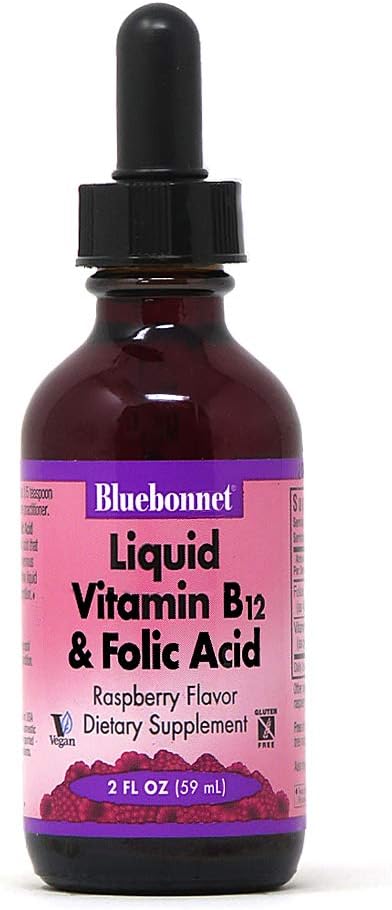 Bluebonnet Nutrition Liquid Vitamin B12 & Folic Acid, for Energy Boost*, Soy-Free, Gluten-Free, Dairy-Free, Vegan, 400 mcg of Folic Acid & 1000 mcg of Vitamin B12 Per Serving, 2 fl oz, 59 Servings