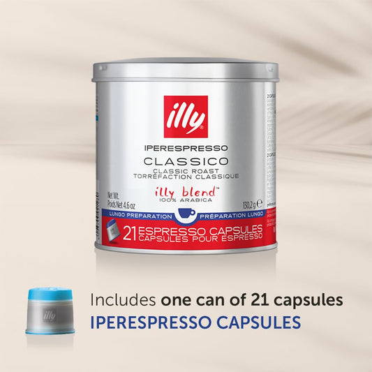 illy Coffee iperEspresso Capsules - Single-Serve Coffee Capsules & Pods - Single Origin Coffee Pods – Classico Lungo Medium Roast with Notes of Caramel - For iperEspresso Capsule Machines – 21 Count