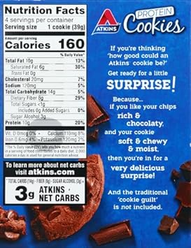 Atkins Double Chocolate Chip Protein Cookie, Protein Dessert, Rich in Fiber, 3g Net Carbs, 1g Sugar, Keto Friendly, 4 Count