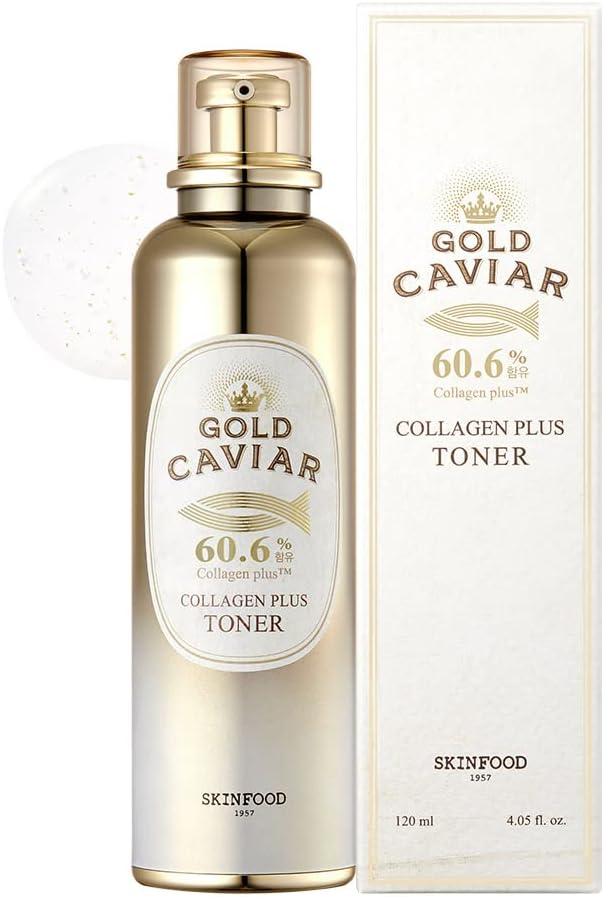 Skinfood Gold Cavior Collagen Plus Toner, 4.06Fl.Oz (120Ml), Anti-Aging Toner For Deep Wrinkle & Fine Wrinkle, Plumping Skin, Deep Hydrating Toner With Collagen & Gold