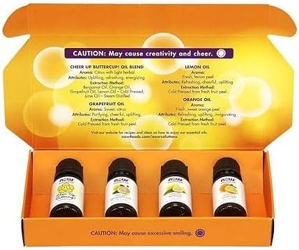 Now Essential Oils, Put Some Pep In Your Step Uplifting Aromatherapy Kit, 4X10Ml Including Orange Oil, Lemon Oil, Grapefruit Oil And Cheer Up Buttercup! Oil Blend With Child Resistant Caps