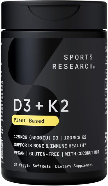 Sports Research Vitamin D3 K2 With Coconut Oil | Plant Based Vitamin K2 Mk7 + Vegan D3 5000Iu For Bone & Immune Health | Vegan Certified, Soy & Gluten Free - 30 Count Softgels