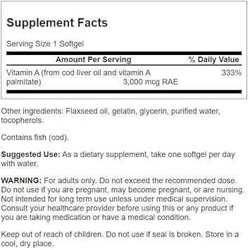 Swanson Vitamin A 10,000 IU (3,000 mcg RAE) Natural Nourishment for Bone, Skin Health, Vision Support & Immune System Function - High Absorption Vitamin A 250 Softgels