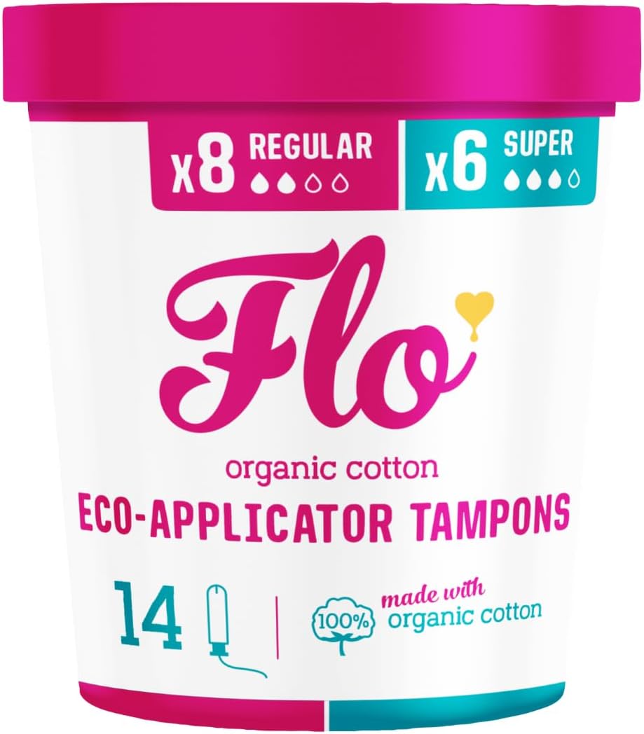 Flo Organic Cotton Applicator Tampons – Super Absorbent, Soft, Smooth Applicator - Combo Pack 36 Regular & 28 Super Tampons