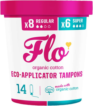 Flo Organic Cotton Applicator Tampons – Super Absorbent, Soft, Smooth Applicator - Combo Pack 36 Regular & 28 Super Tampons