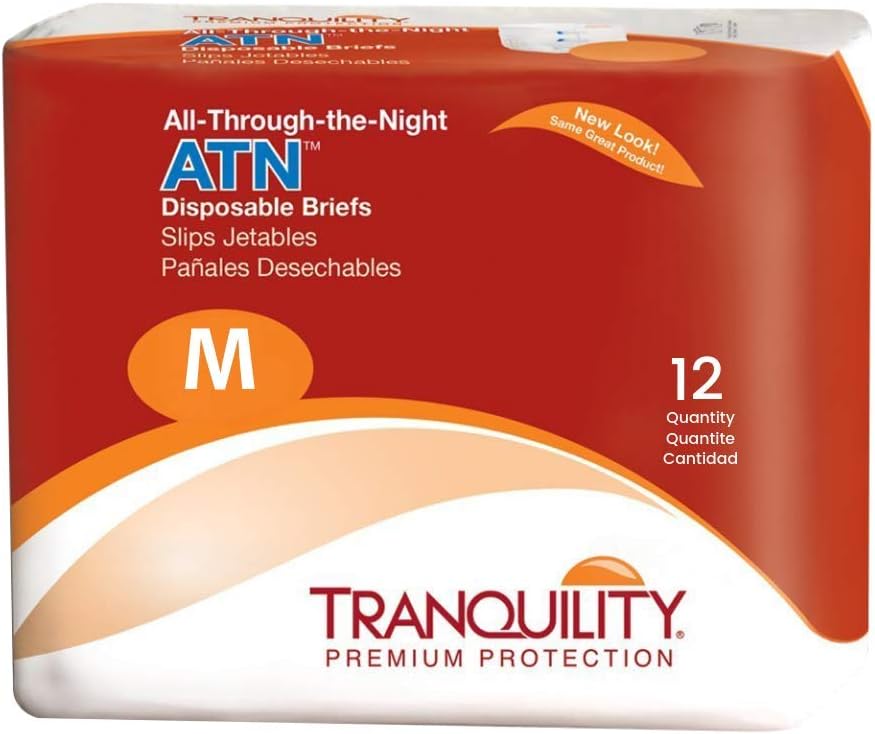 Tranquility Atn Adult Disposable Briefs, Refastenable Tabs With All-Through-The-Night Protection, M (32"-44") - 12Ct (Pack Of 1)