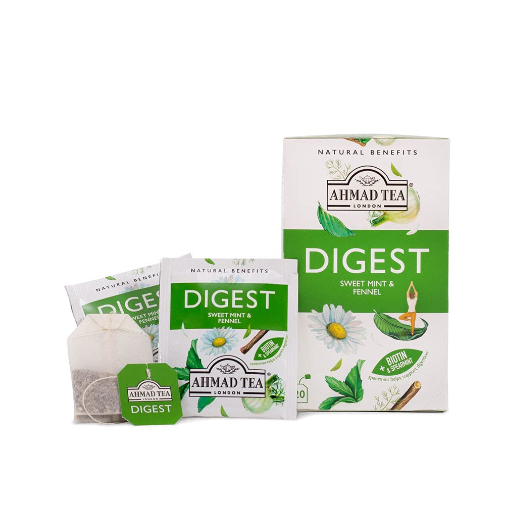 Ahmad Tea Herbal Tea, Sweet Mint, Fennel & Biotin 'Digest' Natural Benefits Teabags, 20 Ct (Pack Of 6) - Decaffeinated & Sugar-Free