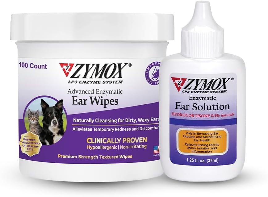 Zymox Enzymatic Ear Wipes And Ear Solution For Dogs And Cats - Product Bundle - For Dirty, Waxy, Smelly Ears And To Soothe Ear Infections