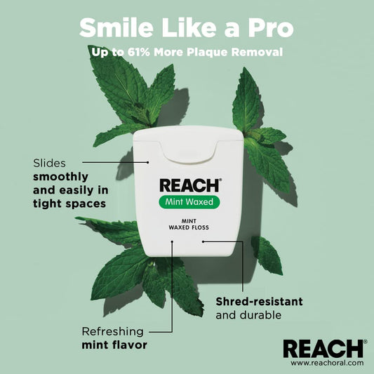 Reach Waxed Dental Floss Bundle | Effective Plaque Removal, Extra Wide Cleaning Surface | Shred Resistance & Tension, Slides Smoothly & Easily, PFAS Free | Mint Flavored, 200 YD, 6pk