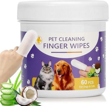 Pet Cleaning Finger Wipes - Dog Ear Wipes Cat Eye Wipes- Gently Cleans Ear Wax, Debris, Tear Stain, Eye Discharge,Mucus Secretions- Relieve Itching & Deodorizes - Coconut Scent(60 Counts)