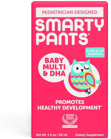 SmartyPants Baby Multi&DHA Supplement:Liquid Multivitamin with Vitamin D3, C,Vitamin B6,Biotin,Choline & Lutein, for Infants 6-24 Months,Gluten Free,Natural Fruit Flavor,30 Servings(Package May Vary)