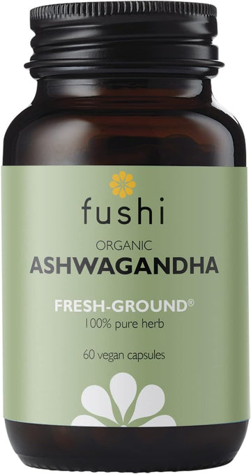 Fushi Ashwagandha Organic Herbal Supplement 340 mg, 60 Caps | Fresh-Ground Wholefood | Adaptogen, Immune, and Energy | Ethical & Vegan | Ayurveda Formula Known as WithaniaSomnifera