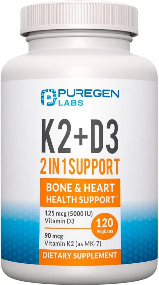 2 in 1 High Potency Formula 90mcg Vitamin K2 (MK7) and 5000 IU Vitamin D3 Supplement for Bone and Heart Health. Non-GMO Formula, Easy to Swallow Vitamin D & K Complex, 120 Capsules I 4-month supply