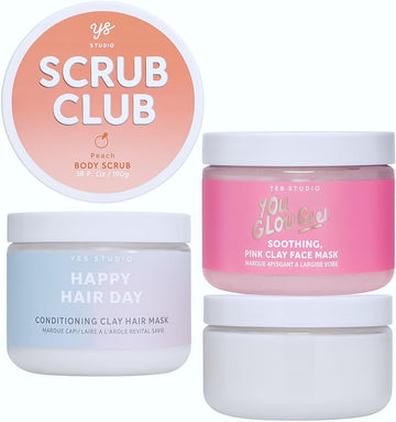 Mm Yes Studio Body Scrub, Hair & Face Mask Set – Peach Body Scrub 200Ml, Pink Clay Face Mask 300G, Happy Hair Day 300G – Gift Set For Glowing Skin & Nourished Hair