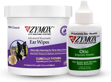 Zymox Enzymatic Ear Wipes And Otic Ear Solution Hydrocortisone Free For Dogs And Cats - Product Bundle - For Dirty, Waxy, Smelly Ears And To Soothe Ear Infections, 100 Count Wipes And 1.25Oz Bottle