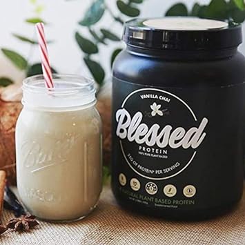 BLESSED Vegan Protein Powder - Plant Based Protein Powder Meal Replacement Protein Shake, 23g of Pea Protein Powder, Dairy Free, Gluten Free, Soy Free, No Sugar Added, 30 Servings (Vanilla Chai)