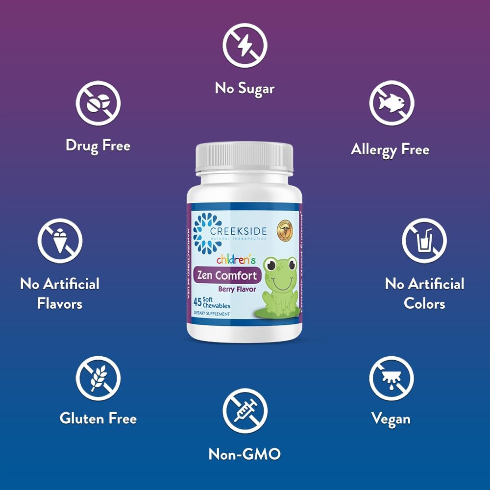 Creekside Natural Therapeutics Zen Comfort For Kids, Organic Relaxation Support With 5-Htp, L-Theanine, Passionflower, Pediatrician Formulated, Vegan Gummies, Raspberry Flavor, 60 Real Fruit Chews