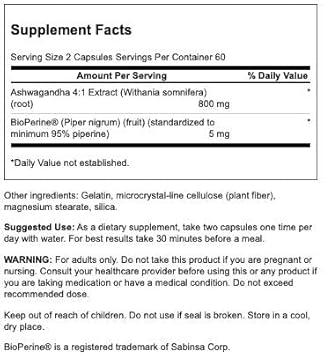 Swanson High Absorption Ashwagandha & Black Pepper - Featuring Bioperine 120 Caps