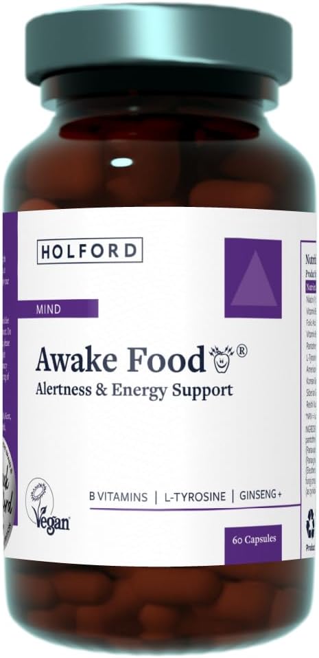 Patrick Holford Awake Food/Brain Supplement/For Alertness & Energy Support / 10 Nutrients/B Vitamins, Tyrosine, Ginseng + / Naturally Sourced / 60 Capsules/Vegan/Women & Men