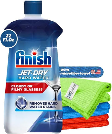Bundle: Finish Jet-Dry Ultra Rinse Aid Dishwasher Rinse Agent and Drying Agent, 32 oz. Bundle with NikCatcher Microfiber Cleaning Cloth 16x16 400 GSM (3 Pk)