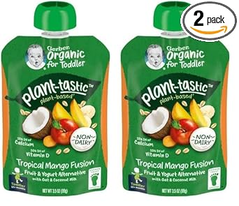 Gerber Organic Baby Food Pouches, Toddler, Plant-Tastic, Tropical Mango Fusion, Fruit & Yogurt Alternative With Oat & Coconut Milk, Non-Dairy, 3.5 Oz (Pack Of 2)