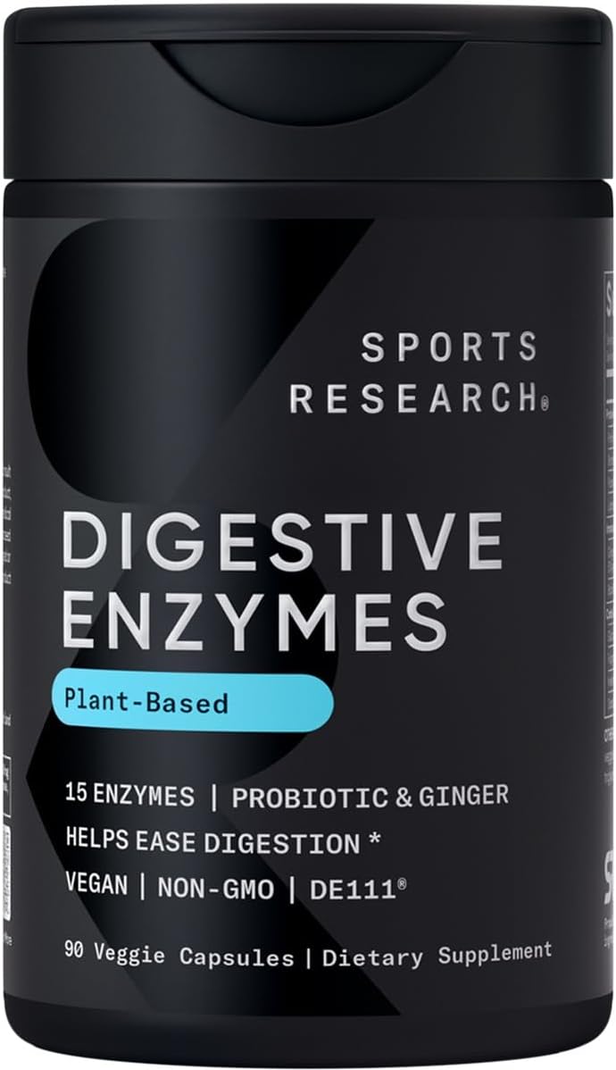 Sports Research Digestive Enzymes With Probiotics & Ginger - Plant Based For Dairy, Protein, Sugar & Carbs - Non-Gmo Verified & Vegan Friendly (90 Veggie Capsules)