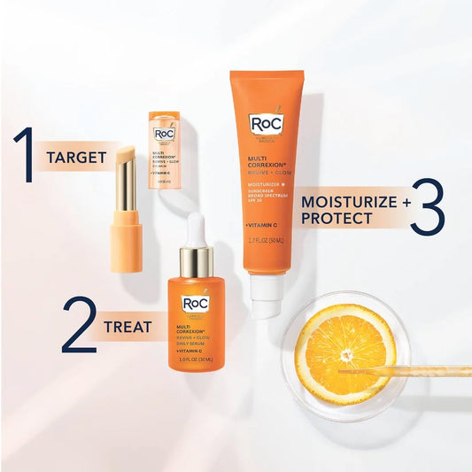 Roc Multi Correxion Revive + Glow Vitamin C Skin Care Routine: Eye Balm + Serum + Spf 30 Moisturizer, Skincare Set For Women And Men