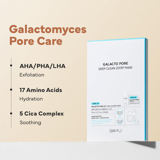 Sam'U Galacto Pore Two Step Mask Pore Cleansing & Hydrating Korean Face Mask, Aha/Bha/Pha + Lha Exfoliating Formula With Amino Acids & Centella Asiatica For Korean Glass Skin (4 Sheets)