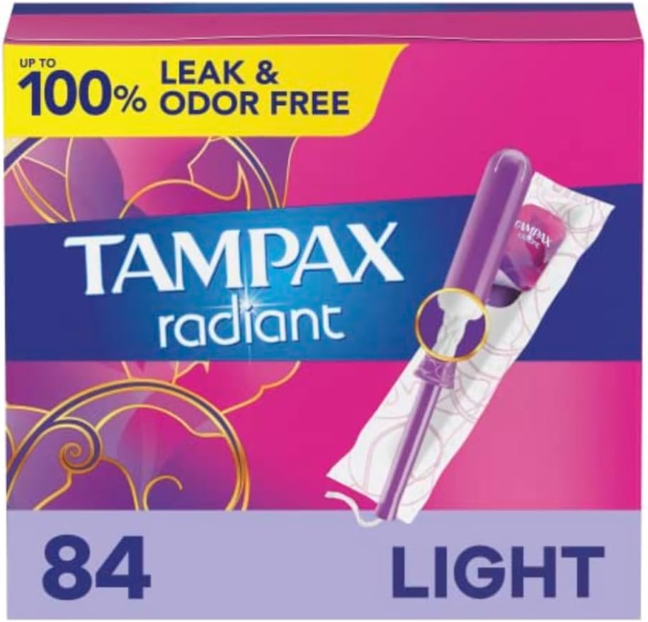 Tampax Radiant Tampons Multipack, Regular/Super Absorbency, With Leakguard Braid, Unscented, 28 Count X 3 Packs (84 Count Total)