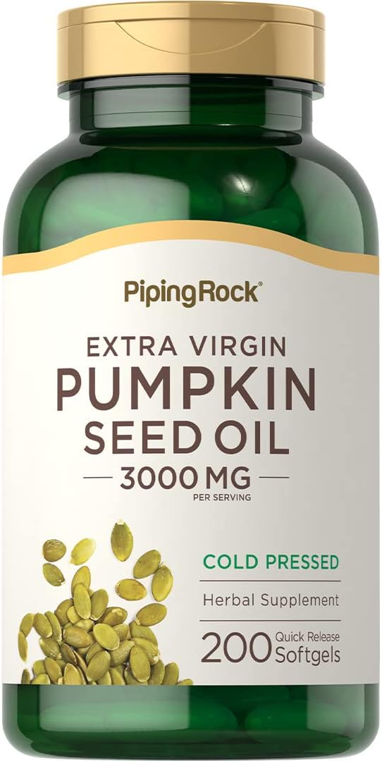 Piping Rock Pumpkin Seed Oil Capsules 3000mg | 200 Count | Cold Pressed Herbal Supplement | Extra Virgin | Non-GMO, Gluten Free