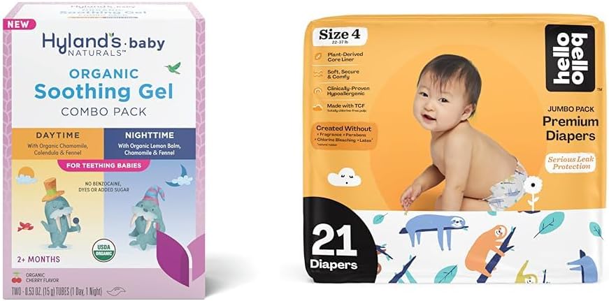 Hyland's Baby - Organic Day/Night Soothing Gel Combo Pack, Natural Relief of Oral Discomfort (2 Tubes of 0.53 oz.) + Hello Bello Premium Baby Diapers Size 4, 21 Count : Baby