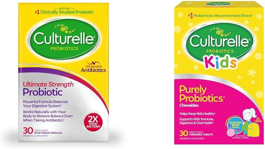 Culturelle Ultimate Strength Probiotic for Men and Women & Kids Chewable Daily Probiotic for Kids, Ages 3+, 30 Count