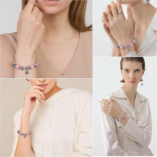 Charming Pink Hearts Bracelet – Silver Plated Charms & Adjustable Snake Chain, Elegant Beaded Jewelry Gift