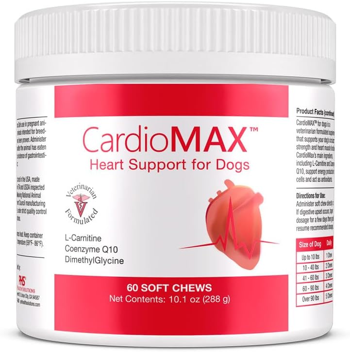 Cardio MAX Heart Support Supplement for Dogs - L-Taurine, L-Carnitine, EPA and DHA, Coenzyme Q10 - Aids Circulatory Strength, Cardiovascular Support, Heart Muscle Function- 60 Soft Chews