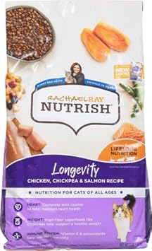 Rachael Ray Nutrish Longevity Premium Natural Dry Cat Food With Added Vitamins, Minerals & Other Nutrients, Chicken With Chickpeas & Salmon Recipe, 3 Pounds