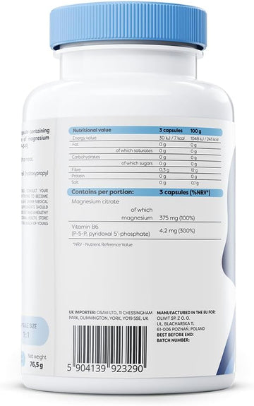 Osavi Magnesium Citrate + B6, 375 Mg + 4.2 Mg – 90 Vegan Capsules | Supports Energy, Muscle Function & Nervous System | Magnesium Citrate With Vitamin B6 For Stress Relief & Vitality
