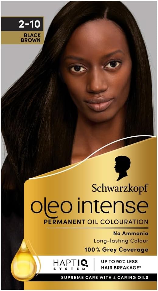 Schwarzkopf Oleo Intense Permanent Oil Colour 2-10 Black Brown Hair Dye, 100% Grey Coverage, Conditioner With Haptiq System, Long-Lasting Colour, Ammonia Free Hair Dye