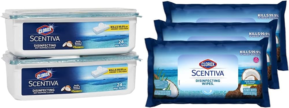 Clorox Scentiva Disinfecting Wet Mopping Cloths,Pacific Breeze & Coconut,24 Wet Refills(Pack Of 2)& Clorox Scentiva Wipes,Bleach Free Cleaning Wipes,Pacific Breeze & Coconut,75Count(Pack Of 3) Bundle