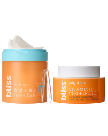 Bliss Bright Idea Vitamin C Toner Pads & Vitamin C + Tri-Peptide Brightening Serum Duo– Antioxidant Skincare Bundle For Radiant Skin – Targets Dark Spots, Uneven Texture, And Dullness – Clean, Vegan