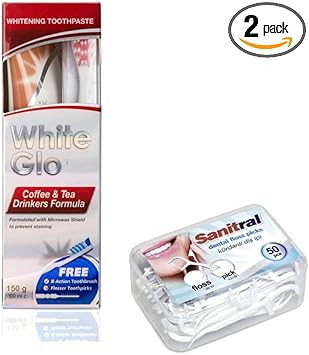 White Glo Premium Coffee & Tea Drinkers Formula Intense Extra Whitening Toothpaste & Toothbrush-100 Ml ((With Sanitral 50 Pcs Dental Floss Stick Included As A Gift)