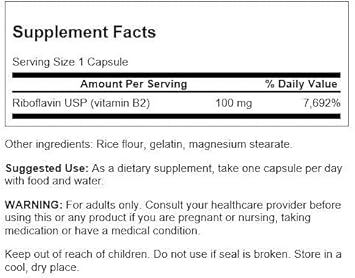 Swanson Vitamin B2 Supplement (Riboflavin) - Vitamin Supplement to Support Vision Health, Aid Thyroid Function, and Promote Energy Metabolism Support - (100 Capsules, 100mg Each)