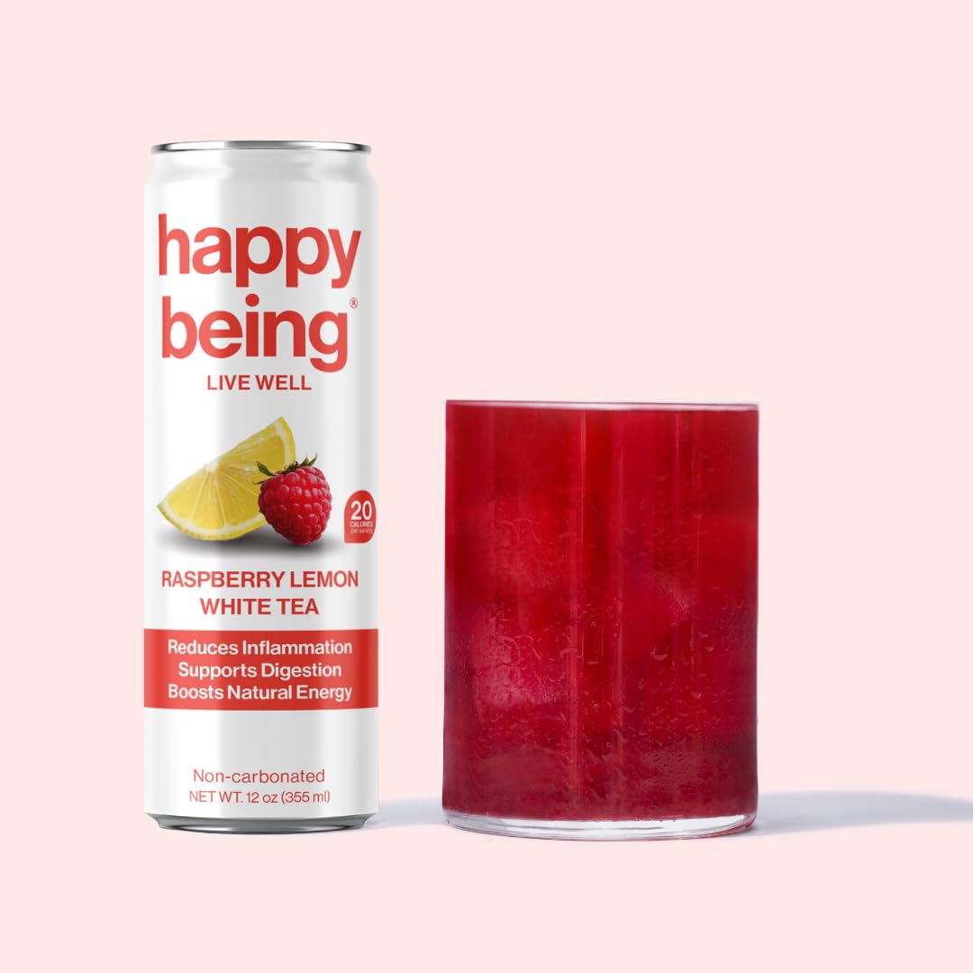 Happy Being Nutrient-Rich Organic Raspberry Lemonade White Tea – Infused With Turmeric, Elderberry, Vitamin D3, Caffeine Free, Plant-Based, Low Calorie & Low Sugar Drinks, 12Oz (16 Pack)