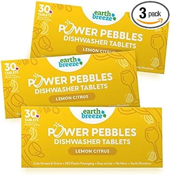 Earth Breeze Power Pebbles Dishwasher Tablets - 30 Dishwasher Tablets (3 Pack) - A Total Of 90 Tablets/Loads - Cuts Grease And Grime - Easy To Use - Lemon Citrus