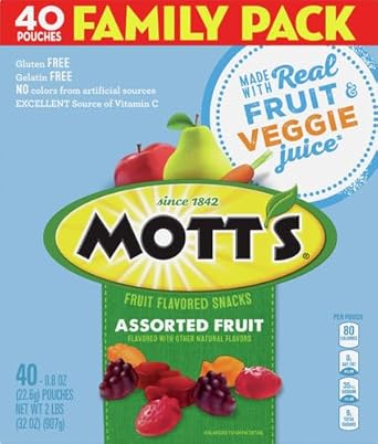 Mott'S Fruit Flavored Snacks, Assorted Fruit, Pouches, 0.8 Oz, 40 Ct