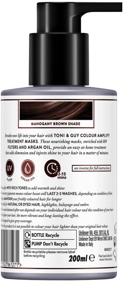 Toni & Guy Mahogany Brown Colour Amplify Hair Conditioning Mask with Temporary Colour Pigments, Argan Oil & UV Protection Filters 200 ml : Amazon.co.uk: Beauty