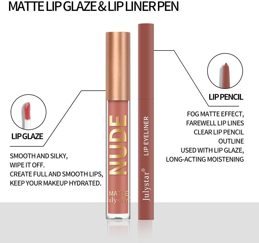 Julystar 12Pcs Matte Lip Glaze & Lip Liner Set Lip Pencil And Lip Glaze Lip Color Lip Liner Set Non-Stick Cup Matte Lip Glaze
